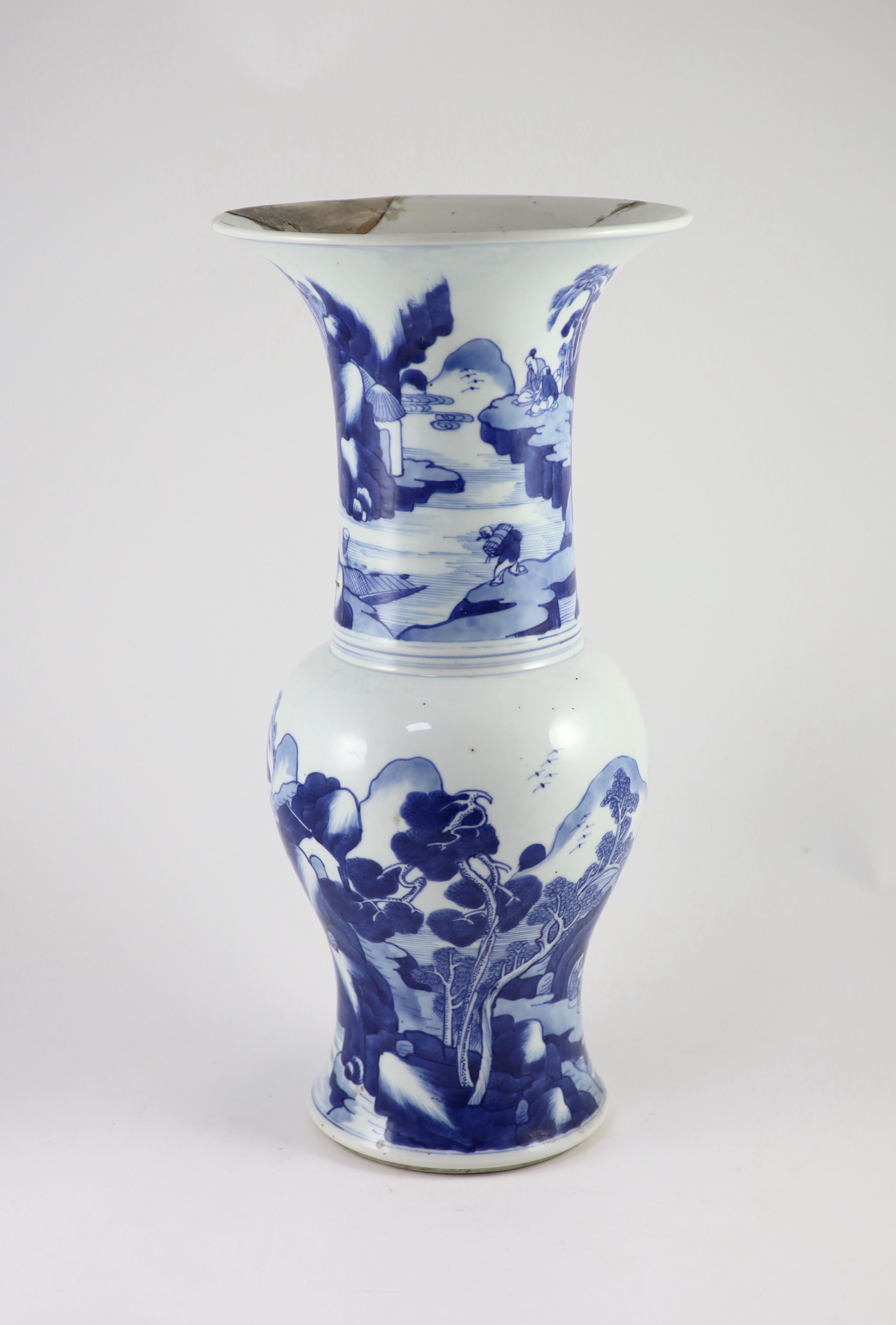 A Chinese blue and white yen-yen vase, Kangxi period (1662-1722), 45 cm high, damage to neck